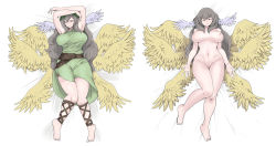 Rule 34 | 1girl, angel, angel wings, arms up, bed, belt, blush, closed mouth, commentary request, dakimakura (medium), feathers, full body, grey hair, greyscale, head wings, long hair, looking at viewer, lying, mon-musu quest!, monochrome, multiple views, multiple wings, navel, nipples, nude, on back, seraph eden, setouchi (blackse), smile, wings, wreath, yellow feathers