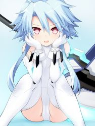 Rule 34 | 1girl, bare shoulders, blue hair, blush, breasts, elbow gloves, gloves, hair between eyes, iwashi dorobou -r-, leotard, light blue hair, looking at viewer, neptune (series), open mouth, paid reward available, power symbol, power symbol-shaped pupils, red eyes, short hair with long locks, small breasts, solo, symbol-shaped pupils, thighhighs, white gloves, white heart (neptunia), white leotard