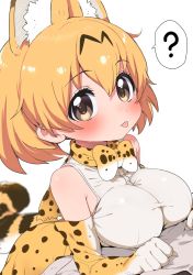 Rule 34 | 1girl, :p, ?, animal ears, bare shoulders, blonde hair, blush, cat ears, cat girl, cat tail, commentary request, elbow gloves, extra ears, gloves, high-waist skirt, highres, kemono friends, looking at viewer, multicolored hair, print gloves, print skirt, ransusan, serval (kemono friends), serval print, shirt, short hair, skirt, sleeveless, solo, spoken question mark, tail, tongue, tongue out, white shirt, yellow eyes