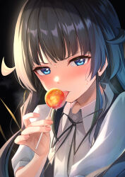 Rule 34 | 1girl, absurdres, black hair, black ribbon, blue eyes, blush, candy, collared shirt, commentary request, food, highres, holding, holding candy, holding food, holding lollipop, licking, lollipop, long hair, looking at viewer, maeshimashi, neck ribbon, original, ribbon, saliva, shirt, sidelocks, solo, sweat, upper body, white shirt