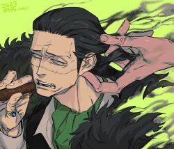 Rule 34 | annoyed, ascot, bbly ff, black hair, cigar, collared shirt, crocodile (one piece), donquixote doflamingo, furrowed brow, green background, hair slicked back, highres, jewelry, large hands, male focus, mature male, multiple rings, one piece, playing with another&#039;s hair, ring, scar, scar on face, scar on nose, shirt, short hair, sideways glance, smoking, solo focus, stitches, upper body