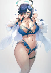 Rule 34 | 1girl, absurdres, adjusting eyewear, bikini, blue archive, blue bikini, blue hair, blush, braid, breasts, chihiro (blue archive), cleavage, closed mouth, flower, frilled bikini, frills, front-tie top, glasses, green-framed eyewear, grey background, groin, hair flower, hair ornament, hair over shoulder, halo, hands up, heart, highleg, highleg bikini, highres, jewelry, large breasts, looking at viewer, mazel (mazel star), navel, necklace, open clothes, open shirt, raised eyebrows, see-through, simple background, solo, stomach, swimsuit, thigh strap, thighs, twin braids, wavy mouth, wet, wrist cuffs