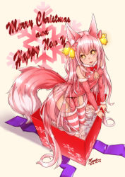 Rule 34 | 1girl, absurdres, animal ears, bad id, bad pixiv id, bell, breasts, dated, fox ears, fox tail, hair ornament, happy new year, highres, jingle bell, long hair, looking at viewer, merry christmas, new year, original, pink hair, shennai misha, small breasts, solo, striped clothes, striped thighhighs, symbol-shaped pupils, tail, thighhighs, twintails, yellow eyes