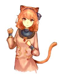 Rule 34 | 1girl, animal ears, breasts, cat ears, cat tail, dress, fire emblem, fire emblem echoes: shadows of valentia, genny (fire emblem), hairband, head tilt, highres, jewelry, leatzche, long sleeves, looking at viewer, nintendo, orange eyes, orange hair, paw pose, pendant, short hair, simple background, smile, solo, tail, upper body, white background