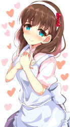 Rule 34 | 10s, 1girl, apron, blue eyes, bow, brown hair, closed mouth, commentary request, eyebrows, hair bow, hairband, hands on own chest, head tilt, heart, heart-shaped pupils, highres, idolmaster, idolmaster cinderella girls, long hair, looking at viewer, natsu (anta tte hitoha), own hands together, sakuma mayu, short sleeves, smile, solo, symbol-shaped pupils, upper body, white apron, white hairband