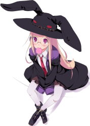 Rule 34 | 10s, 1girl, animal ears, animal hat, ankle boots, blonde hair, boots, candy, food, glasses, hat, ink (artist), lollipop, long hair, majolica le fay, mouth hold, necktie, ookami-san, pantyhose, purple eyes, purple pantyhose, rabbit ears, robe, scar, school uniform, skirt, solo, stitches, swirl lollipop, witch hat