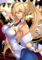 Rule 34 | 1girl, animal ears, artoria pendragon (all), artoria pendragon (fate), artoria pendragon (swimsuit ruler) (fate), blonde hair, blue pantyhose, breasts, card, detached collar, fake animal ears, fate/grand order, fate (series), green eyes, highres, karlwolf, large breasts, leotard, long hair, necktie, pantyhose, playboy bunny, playing card, poker chip, ponytail, rabbit ears, sidelocks