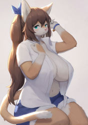 Rule 34 | 1girl, animal ears, animal nose, aqua eyes, arm up, backlighting, bell, blue ribbon, blue shorts, blush, body fur, borrowed character, bracelet, breasts, brown fur, brown hair, buttons, cat ears, cat girl, cat tail, clenched hand, closed mouth, collarbone, collared shirt, female focus, furry, furry female, grey background, hair between eyes, hair ribbon, hand up, highres, huge breasts, jewelry, jingle bell, lcshian, light blush, long hair, looking back, navel, no bra, open clothes, open shirt, original, ribbon, shirt, short shorts, short sleeves, shorts, sidelocks, simple background, snout, solo, split mouth, stomach, tail, thick thighs, thighs, twintails, two-tone fur, unbuttoned, white fur, white shirt, wide hips