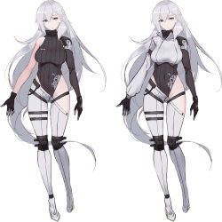 Rule 34 | 1girl, arms at sides, belt, black gloves, black leotard, blue eyes, braid, breasts, closed mouth, covered navel, french braid, girls&#039; frontline, gloves, gluteal fold, grey hair, grey pants, hair between eyes, head tilt, highleg, highleg leotard, highres, knee pads, ksvk (girls&#039; frontline), large breasts, leotard, long hair, looking at viewer, mole, mole on pussy, multiple views, pandea work, pants, ribbed leotard, simple background, very long hair, white background