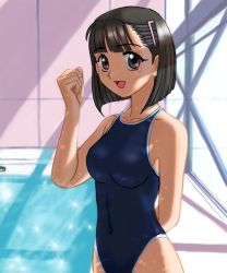 Rule 34 | 1girl, :d, arm up, brown eyes, brown hair, cowboy shot, hair ornament, hairclip, indoors, jpeg artifacts, looking at viewer, non-web source, one-piece swimsuit, open mouth, pool, poolside, school swimsuit, shadow, short hair, smile, solo, sparkle, standing, swimsuit