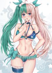 Rule 34 | 1girl, :o, absurdres, ahoge, arm strap, bare shoulders, bikini, blonde hair, blue bikini, blue eyes, blush, bourei rabbi, breasts, cleavage, collarbone, commentary request, cowboy shot, frilled bikini, frills, gluteal fold, green bikini, green hair, green nails, groin, gu li, hair between eyes, hair ornament, hairclip, hand on own hip, hand up, highleg, highleg bikini, highres, indie virtual youtuber, large breasts, looking at viewer, multicolored hair, multicolored nails, nail polish, navel, pom pom (clothes), pom pom hair ornament, sidelocks, solo, standing, stomach, swimsuit, thigh gap, thigh strap, twintails, two-tone bikini, two-tone hair, v over mouth, virtual youtuber, white background, white nails, wristband