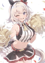 Rule 34 | 1girl, alternate costume, animal ears, blush, breasts, commentary request, confetti, curren chan (umamusume), grey hair, hair between eyes, hair ornament, headband, highres, horse ears, horse girl, horse tail, kannagiray, looking at viewer, medium breasts, midriff, navel, open mouth, pom pom (cheerleading), purple eyes, signature, sleeveless, solo, tail, teeth, umamusume, upper teeth only, white background