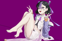 Rule 34 | 1girl, :d, absurdres, ass, barefoot, black hair, breasts, double v, goddess of victory: nikke, hands up, highres, jacket, knees up, looking at viewer, miniskirt, mole, mole under eye, multicolored hair, nail polish, navel, necktie, on ground, open mouth, purple background, purple eyes, purple hair, purple jacket, purple nails, purple necktie, shirt, skirt, small breasts, smile, syuen (nikke), toenail polish, toenails, v, white hair, white shirt, white skirt, xihongshiniuroubao zipora