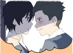 Rule 34 | 10s, 2boys, black hair, blue eyes, blush, brown hair, darling in the franxx, face-to-face, facing another, forehead-to-forehead, holding hands, heads together, hiro (darling in the franxx), long sleeves, looking at another, male focus, military, military uniform, mitsuru (darling in the franxx), multiple boys, necktie, red neckwear, short hair, sweat, uniform