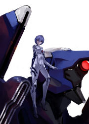 Rule 34 | 1girl, absurdres, ayanami rei, blue hair, bodysuit, breasts, eva 00, evangelion (mecha), highres, mecha, neon genesis evangelion, pilot suit, plugsuit, red eyes, red hair, robot, science fiction, short hair, simple background, small breasts, white background, white bodysuit, yaozhili
