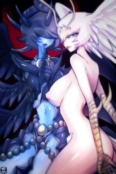 Rule 34 | 2girls, belly, blue eyes, blue skin, breasts, claws, colored skin, devilman, feathered wings, feathers, harpy, head wings, highres, large wings, lucifer the fallen angel, monster girl, multiple girls, nude, open mouth, siren (devilman), wings