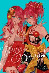 Rule 34 | 2girls, alternate hairstyle, arm around shoulder, arm belt, bad id, bad pixiv id, bang dream!, blue background, bow, braid, bridal gauntlets, choker, claw pose, collarbone, copyright name, corsage, detached sleeves, dual persona, earrings, floral print, flower, grin, hair flower, hair ornament, hair stick, hair up, hakama, hakama skirt, hand on own hip, japanese clothes, jewelry, kimono, kouhaku nawa, long hair, looking at viewer, mamaloni, miko, multiple girls, nail polish, obi, orange hair, parted lips, ponytail, purple nails, red flower, red hair, red hakama, ribbon-trimmed sleeves, ribbon trim, rope, sash, shimenawa, simple background, single bare shoulder, skirt, smile, tassel, tassel earrings, thighhighs, udagawa tomoe, v, v-shaped eyebrows, white flower, yellow bow