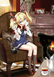 Rule 34 | 1girl, absurdres, blonde hair, blue eyes, blush, bow, chair, cup, fireplace, gloves, glowworm (warship girls r), hair ribbon, highres, indoors, kikimi, lamp, long hair, long sleeves, looking at viewer, mimikaki, picture frame, ribbon, scarf, sitting, solo, spoon, striped clothes, striped scarf, teacup, teapot, twintails, warship girls r