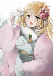 Rule 34 | 1girl, alternate costume, atago (kancolle), blonde hair, breasts, cowboy shot, floral print, fur collar, furisode, glasses, green eyes, green kimono, hair ornament, hatomaru (hatomaru56), highres, japanese clothes, kantai collection, kimono, large breasts, long hair, long sleeves, new year, obi, one-hour drawing challenge, sash, solo, wide sleeves