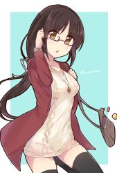 Rule 34 | 1girl, alternate costume, bag, beige dress, bespectacled, black hair, black thighhighs, blue background, blunt bangs, cowboy shot, dress, glasses, hair ribbon, handbag, highres, hiyou (kancolle), jacket, kantai collection, long hair, looking at viewer, magatama, red jacket, ribbon, solo, sweater, sweater dress, thighhighs, twitter username, two-tone background, white background, white ribbon, zhi zhi/zu zu