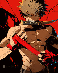 Rule 34 | 1boy, abs, artist name, bakugou katsuki, blonde hair, boku no hero academia, clonion, commentary, earrings, english commentary, hand wraps, high contrast, highres, jewelry, looking at viewer, male focus, mouth hold, muscular, muscular male, nipples, red eyes, sanpaku, topless male, short hair, solo, spiked hair, teeth, teeth hold, upper body, watermark, weapon request