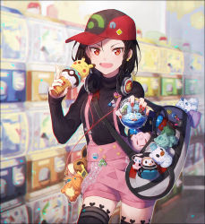 Rule 34 | 1girl, :d, alolan form, alolan vulpix, bag, black hair, black pantyhose, black sweater, blurry, blurry background, braid, bulbasaur, cellphone, character doll, charizard, clefairy, cosmog, cowboy shot, creatures (company), depth of field, diglett, ditto, duffel bag, eevee, fang, flat cap, game freak, gen 1 pokemon, gen 5 pokemon, gen 7 pokemon, hair between eyes, hakusai (tiahszld), hand up, hat, headphones, headphones around neck, heart, holding, holding poke ball, index finger raised, indoors, legendary pokemon, long sleeves, looking at viewer, mew (pokemon), mythical pokemon, nail polish, nintendo, open mouth, original, oshawott, outstretched arm, pantyhose, phone, pikachu, pink shorts, poke ball, pokedex, pokemon, pokemon (creature), pyukumuku, red eyes, red hat, red nails, rowlet, short hair, shorts, shoulder bag, side braid, single braid, sleeves past wrists, smile, solo, star (symbol), suspender shorts, suspenders, sweater, thighhighs, transparent, triforce, tsurime, turtleneck, turtleneck sweater, v-shaped eyebrows, water, waterfall