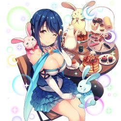 Rule 34 | 1girl, blue cape, blue hair, blue skirt, braid, breasts, rabbit, rabbit hair ornament, cake, candle, cape, chair, cleavage, crescent, crescent hair ornament, cup, dessert, dress, elbow gloves, food, french braid, from above, fruit, gloves, hair ornament, hairclip, hand to head, ice cream, large breasts, long hair, looking at viewer, luna softeti, neck ruff, official art, one eye closed, pancake, plate, red eyes, sitting, siva (executor), skirt, smile, solo, sparkle, table, teacup, teapot, tiered tray, transparent background, uchi no hime-sama ga ichiban kawaii, white gloves
