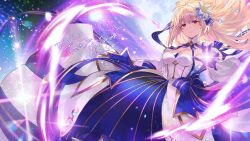 Rule 34 | 1girl, archetype earth, arcueid brunestud, blonde hair, breasts, commission, dress, fate/grand order, fate (series), flower, gold trim, hair flower, hair ornament, highres, light, long hair, looking at viewer, magic, medium breasts, outstretched arm, red eyes, shanabi0610, skeb commission, smile, solo, tsukihime, two-tone dress