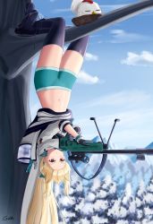 Rule 34 | 1girl, artist name, black thighhighs, blonde hair, bodysuit, bolt action, bow, gamryous, girls&#039; frontline, gloves, green hairband, gun, hair bow, hairband, highres, jacket, long hair, mod3 (girls&#039; frontline), multicolored clothes, multicolored gloves, ponytail, red eyes, rifle, russian flag, scarf, sniper rifle, solo, sv-98, sv-98 (girls&#039; frontline), sv-98 (mod3) (girls&#039; frontline), thighhighs, upside-down, weapon, white jacket, white scarf