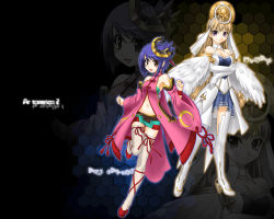 Rule 34 | 00s, 2girls, angel wings, ar tonelico, ar tonelico ii, bare shoulders, blonde hair, blue hair, blush, boots, breasts, brown eyes, choker, chroche latel pastalie, cleavage, elbow gloves, folded ponytail, gloves, gust, high heels, hymmnos, luca truelywaath, midriff, miniskirt, mizuna (water emp-tei), multiple girls, purple eyes, ribbon, footwear ribbon, shoes, short hair, skirt, smile, thigh boots, thighhighs, wallpaper, wings, zettai ryouiki, zoom layer