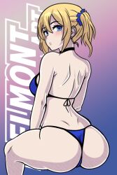 Rule 34 | 1girl, absurdres, artist name, ass, ass focus, back, belmont art, bikini, black bikini, blonde hair, blue background, blue bikini, blue eyes, blush, breasts, expressionless, eyebrows, eyelashes, feet out of frame, female focus, from behind, gradient background, hayasaka ai, highres, huge ass, kaguya-sama wa kokurasetai ~tensai-tachi no renai zunousen~, large breasts, looking at viewer, looking back, medium hair, multicolored background, parted lips, pink background, ponytail, purple background, short ponytail, side ponytail, sitting, solo, swimsuit, teeth, thong, two-tone bikini