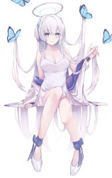Rule 34 | 1girl, animal, bare shoulders, blue archive, blue butterfly, breasts, bug, butterfly, cleavage, closed mouth, collarbone, dress, full body, hair between eyes, high heels, highres, hojiro same, holding, holding own hair, insect, large breasts, long hair, long sleeves, noa (blue archive), off shoulder, shoes, sitting, smile, solo, very long hair, white background, white dress