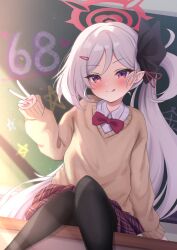 Rule 34 | 1girl, :q, black bow, black pantyhose, blue archive, blush, bow, bowtie, chalkboard, classroom, closed mouth, collared shirt, commentary, desk, gradient eyes, grey hair, hair bow, hair ornament, hairclip, halo, highres, indoors, light rays, long hair, long sleeves, multicolored eyes, mutsuki (blue archive), on desk, pantyhose, plaid, plaid skirt, purple eyes, red bow, red skirt, shirt, side ponytail, sitting, skirt, sleeves past wrists, smile, solo, star (symbol), sweater, tongue, tongue out, very long hair, white shirt, xeneca, yellow sweater