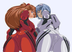 Rule 34 | 2girls, alternate breast size, ass, ayanami rei, blue eyes, blue hair, blush, bodysuit, bracer, breasts, brown hair, cowboy shot, expressionless, female focus, forehead-to-forehead, foreshortening, from below, gloves, hair between eyes, hair ornament, head tilt, heads together, highres, long hair, looking back, looking down, medium breasts, multiple girls, neon genesis evangelion, orange hair, pale skin, parted lips, pilot suit, plugsuit, red eyes, red hair, short hair, simple background, skin tight, souryuu asuka langley, twintails, white background, yoshinen