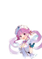 Rule 34 | 1girl, absurdres, ahoge, blush, breasts, cleavage, colored inner hair, gaou (umaiyo puyoman), gloves, hair ornament, hand up, highres, hololive, long hair, looking at viewer, maid headdress, medium breasts, minato aqua, multicolored hair, open mouth, purple eyes, purple hair, scan, simple background, solo, two-tone hair, virtual youtuber, white background