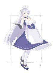 Rule 34 | 1girl, apron, azur lane, belfast (azur lane), black gloves, blue eyes, border, breasts, cleavage, commentary, cup, fingerless gloves, frilled apron, frills, gloves, grey hair, headdress, holding, holding saucer, large breasts, legs, long hair, looking at viewer, maid, maid apron, maid headdress, pantyhose, saucer, simple background, smile, solo, teacup, tenganiki, very long hair, waist apron, white apron, white background, white pantyhose
