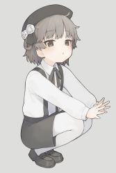 Rule 34 | 1girl, beret, black footwear, black ribbon, black skirt, brown eyes, brown hair, brown hat, collared shirt, commentary request, flower, full body, grey background, hair flower, hair ornament, hair rings, hat, hatoba tsugu, highres, loafers, long sleeves, looking at viewer, mole, mole under eye, neck ribbon, pantyhose, ribbon, rose, seramikku, shirt, shoes, simple background, skirt, solo, squatting, suspender skirt, suspenders, virtual youtuber, white flower, white pantyhose, white rose, white shirt