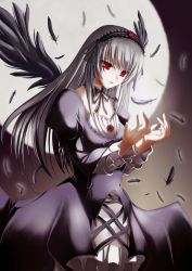 Rule 34 | 00s, 1girl, ashita yaru, dress, feathers, female focus, hairband, moon, red eyes, rozen maiden, silver hair, solo, suigintou, wings
