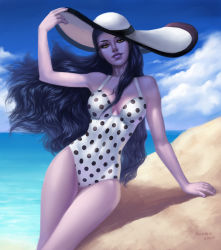 Rule 34 | 1girl, anolea, artist name, black hair, cloud, colored skin, dated, day, hat, highres, lips, long hair, looking at viewer, ocean, one-piece swimsuit, outdoors, overwatch, overwatch 1, polka dot, polka dot swimsuit, purple lips, purple skin, sky, solo, sun hat, swimsuit, thick lips, wavy hair, widowmaker (overwatch), yellow eyes