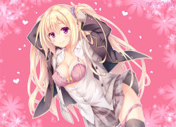 Rule 34 | 1girl, black thighhighs, blazer, blonde hair, blush, bow, bow bra, bra, breasts, cardigan, cleavage, covered erect nipples, dress shirt, hair ornament, hair scrunchie, heart, jacket, long hair, long sleeves, looking at viewer, open clothes, open shirt, original, outline, panties, panty pull, partially unbuttoned, pink bra, pink panties, plaid, plaid skirt, purple eyes, ryo (botugo), school uniform, scrunchie, shirt, skirt, smile, solo, thighhighs, twintails, underwear, very long hair, white outline