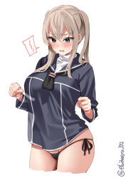 Rule 34 | 1girl, alternate costume, aqua eyes, bikini, black bikini, blonde hair, blush, breasts, cameltoe, clenched hands, cosplay, cowboy shot, cropped legs, ebifurya, graf zeppelin (kancolle), hair between eyes, hands up, highres, kantai collection, large breasts, long hair, long sleeves, looking at viewer, one-hour drawing challenge, panties, see-through silhouette, side-tie bikini bottom, side-tie panties, simple background, solo, spoken squiggle, squiggle, string panties, swimsuit, thighs, twintails, twitter username, underwear, white background, z1 leberecht maass (kancolle), z1 leberecht maass (kancolle) (cosplay)
