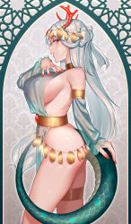 Rule 34 | 1girl, breasts, chinese zodiac, commentary, detached sleeves, dragon girl, dragon horns, dragon tail, dress, from side, grey hair, highres, horns, large breasts, long hair, looking at viewer, oono kanae, original, profile, red eyes, red nails, see-through, see-through dress, see-through sleeves, sideless outfit, sideways glance, solo, tail, thighlet, year of the dragon