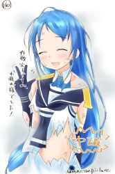 Rule 34 | 10s, 1girl, bare shoulders, blue hair, blush, closed eyes, elbow gloves, flying sweatdrops, gloves, kantai collection, long hair, mae (maesanpicture), midriff, navel, numbered, open mouth, sailor collar, samidare (kancolle), school uniform, serafuku, shirt, simple background, sleeveless, sleeveless shirt, solo, sweatdrop, swept bangs, torn clothes, translation request, twitter username, very long hair, w