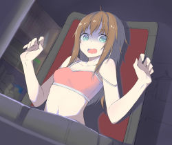 Rule 34 | 1girl, blue eyes, book, bra, breasts, brown hair, chair, clothes hanger, collarbone, dark room, eyebrows, female focus, fhang, head tilt, indoors, long hair, messy hair, open mouth, original, pale skin, pink bra, scared, shaded face, shelf, silhouette, sitting, small breasts, solo, strap slip, surprised, underwear, underwear only, upper body, wavy mouth