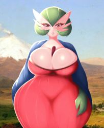 Rule 34 | 1girl, breasts, bursting breasts, cleavage, colored skin, creatures (company), day, dress, eyelashes, facing viewer, female focus, game freak, gardevoir, gen 3 pokemon, green hair, grin, highres, huge breasts, lips, looking at viewer, mountain, nintendo, no humans, outdoors, photo background, pokemon, red dress, red eyes, saltyxodium, shiny skin, sky, smile, solo, standing, thick thighs, thighs, volcano, white skin, wide hips