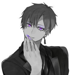 Rule 34 | 1boy, collared shirt, earrings, eyeshadow, greyscale, hand to own mouth, hand up, hassan (sink916), head tilt, highres, jacket, jewelry, lapels, lipstick, long sleeves, looking at viewer, makeup, male focus, mole, mole under eye, monochrome, notched lapels, official art, open clothes, open jacket, parted lips, purple eyes, purple eyeshadow, purple lips, shima (utaite), shirt, short hair, simple background, single earring, smeared lipstick, smile, solo, spot color, swept bangs, tassel, tassel earrings, upper body, urashimasakatasen, utaite, white background