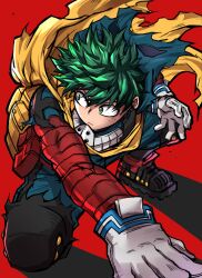 Rule 34 | 1boy, backpack, bag, belt, belt pouch, black outline, bodysuit, boku no hero academia, cape, chiyaya, closed mouth, floating cape, floating hair, foreshortening, freckles, full body, gloves, green bodysuit, green eyes, green hair, hair between eyes, hand on floor, hand on ground, hand up, highres, leaning forward, looking to the side, male focus, midoriya izuku, official alternate costume, on one knee, outline, outstretched arm, pouch, red background, red belt, shadow, short hair, simple background, solo, spoilers, torn sleeve, turning head, v-shaped eyebrows, white gloves, yellow bag, yellow cape