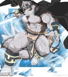 Rule 34 | 1boy, abs, absurdres, ainu clothes, animal ears, artist request, bara, bulge, chest hair, fighting stance, furry, furry male, grey fur, grey hair, headband, highres, holding, holding sword, holding weapon, horkeu kamui, large pectorals, looking at viewer, male focus, muscular, muscular male, navel, nipples, pectorals, short hair, solo, strongman waist, sword, tail, thick eyebrows, thick thighs, thighs, tokyo houkago summoners, two-tone fur, weapon, white fur, wolf boy, wolf ears, yellow eyes