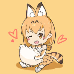 1girl animal_ear_fluff animal_ears blush_stickers bow bowtie brown_background brown_eyes chibi chibi_only elbow_gloves eyelashes gloves heart holding kemono_friends looking_at_viewer one_eye_closed open_mouth print_bow print_bowtie print_skirt serval_(kemono_friends) serval_print short_hair simple_background sitting skirt solo tail zrae