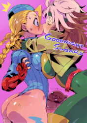 1boy 2girls antenna_hair ass blush bodysuit braid breast_press breasts cammy_white capcom cropped_jacket fingerless_gloves garrison_cap gloves hat headband helmet highleg highleg_leotard highres hug juggernaut_(x-men) large_breasts leotard marvel marvel_vs._capcom medium_breasts multicolored_hair multiple_girls puchidori rogue_(x-men) street_fighter surprised sweatdrop symmetrical_docking thick_thighs thighs twin_braids x-men x-men_vs._street_fighter yuri